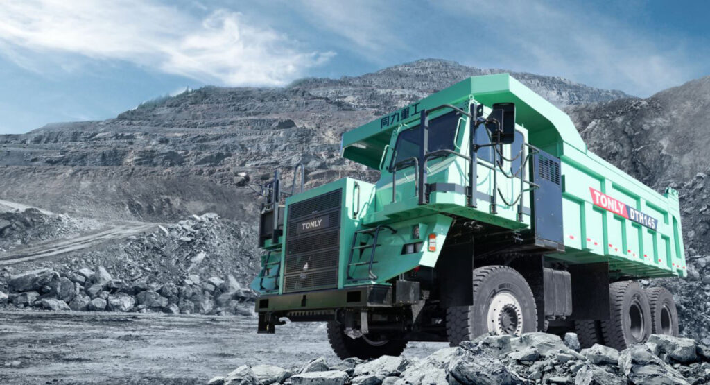 TONLY DTH145 hybrid dump truck in South Africa mining site with DISA/Develon branding