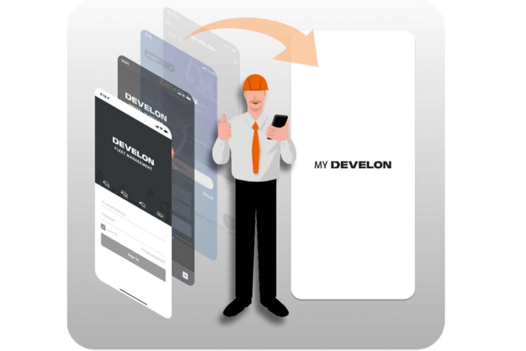 My DEVELON fleet management app dashboard showing real-time equipment tracking and monitoring