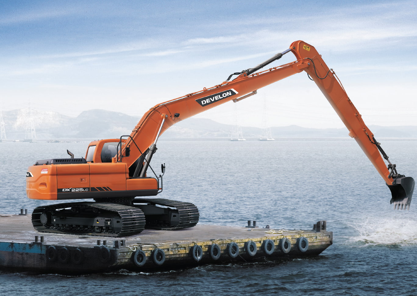 DISA excavator operating on a sand site, illustrating the power and reach of heavy-duty dredging machines used in material handling.